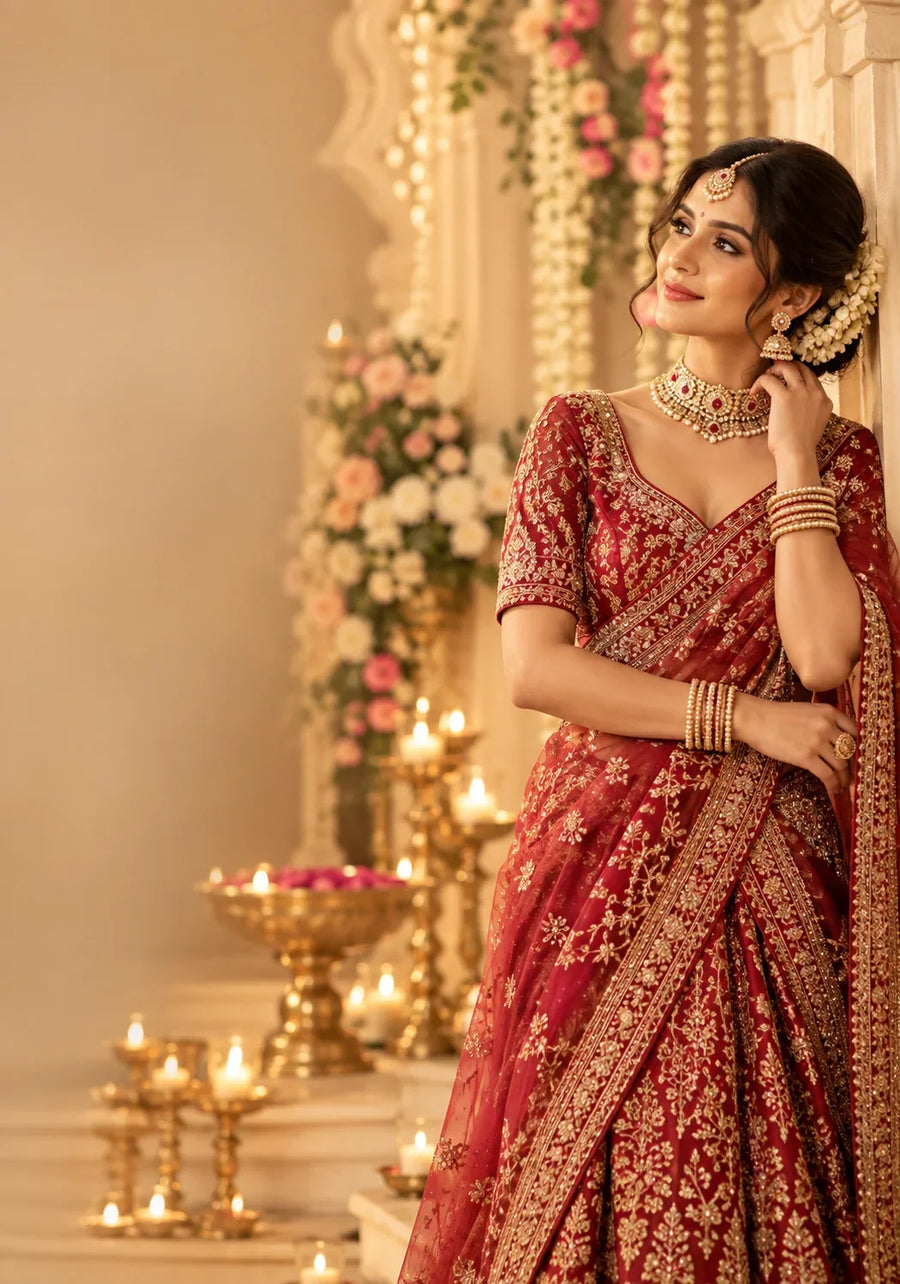Woman wearing a luxury pink and gold banarasi silk saree with traditional gold bridal jewelry