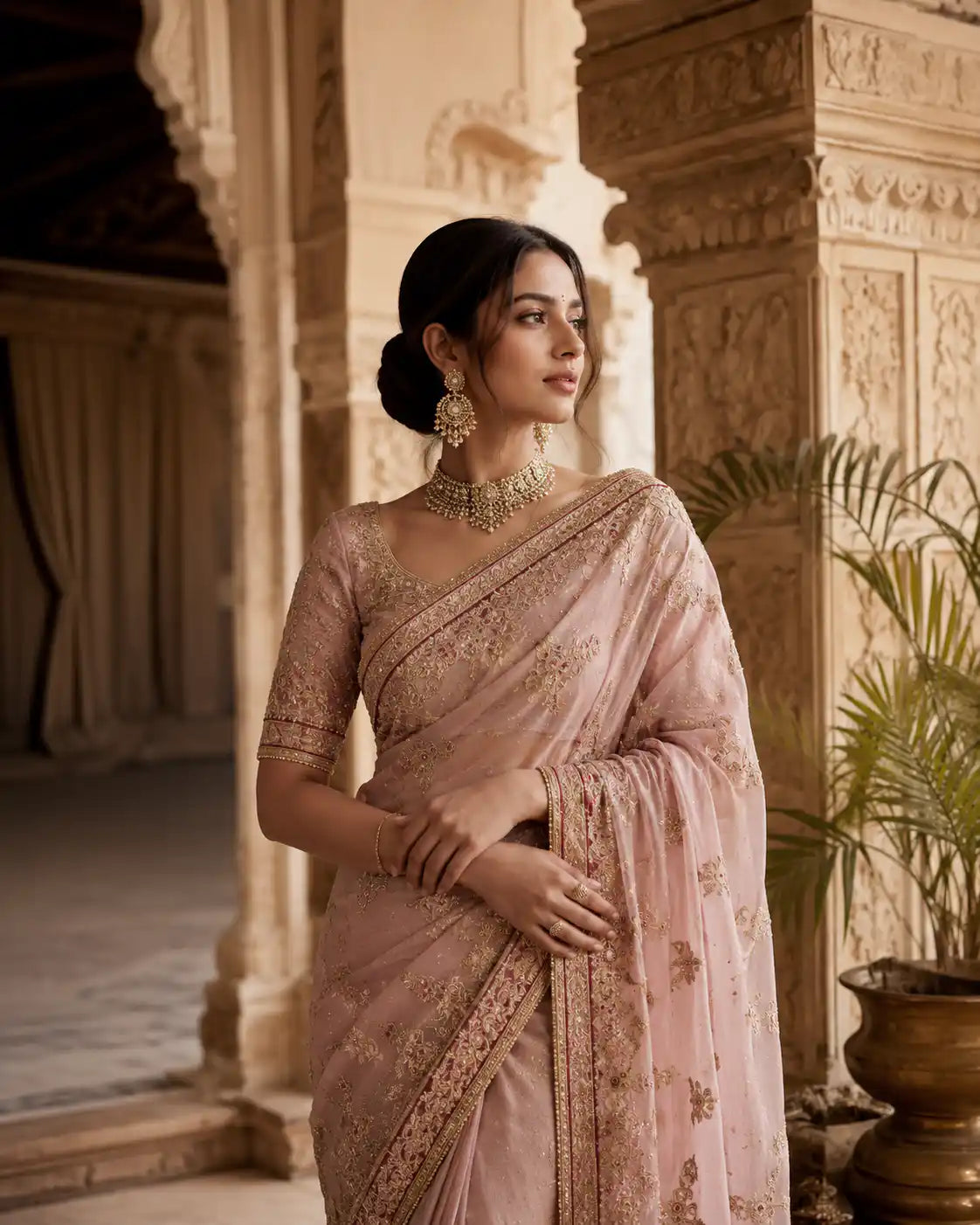 Woman in a blush pink embroidered saree with traditional Indian jewelry in a palace setting.
