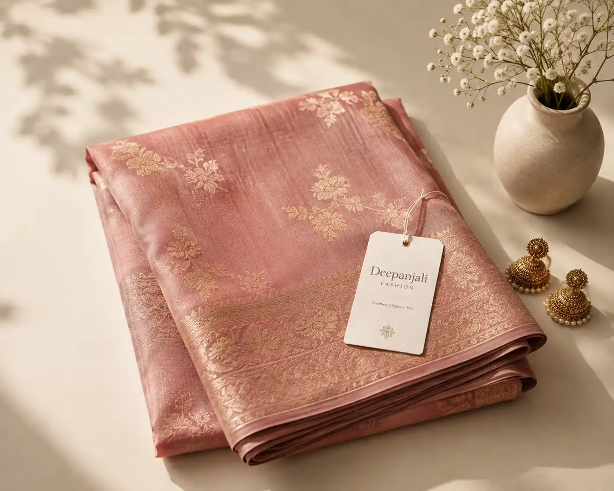 Pink floral brocade saree with gold embroidery, traditional Indian fashion, paired with jhumka earrings and vase