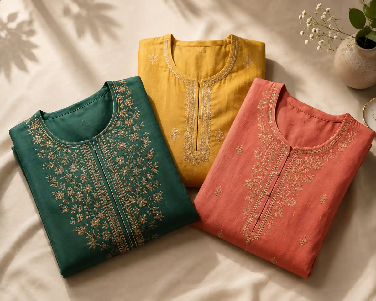 Three embroidered kurtis in green, yellow, and coral with floral detailing, styled on soft fabric with natural light.