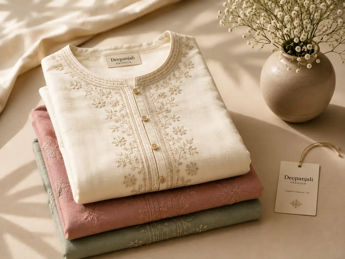 Cream embroidered kurta with floral detailing, stacked with pink and green tunics, soft natural lighting
