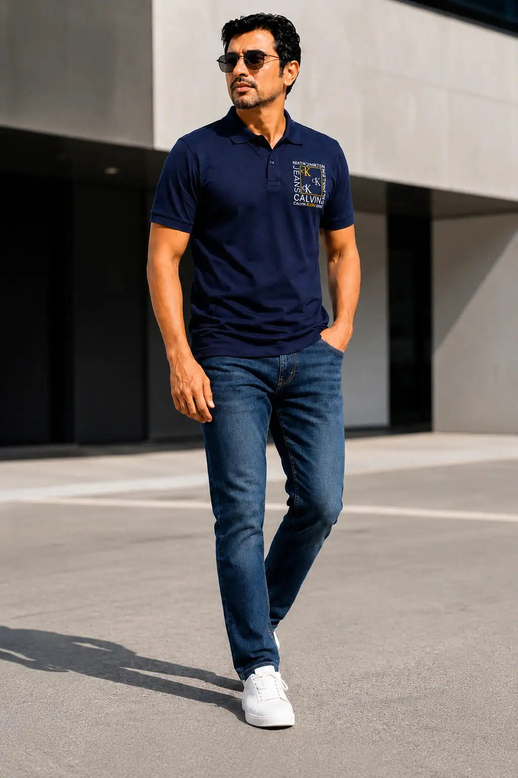 Man wearing a navy blue Calvin Klein polo shirt and blue jeans with white sneakers.