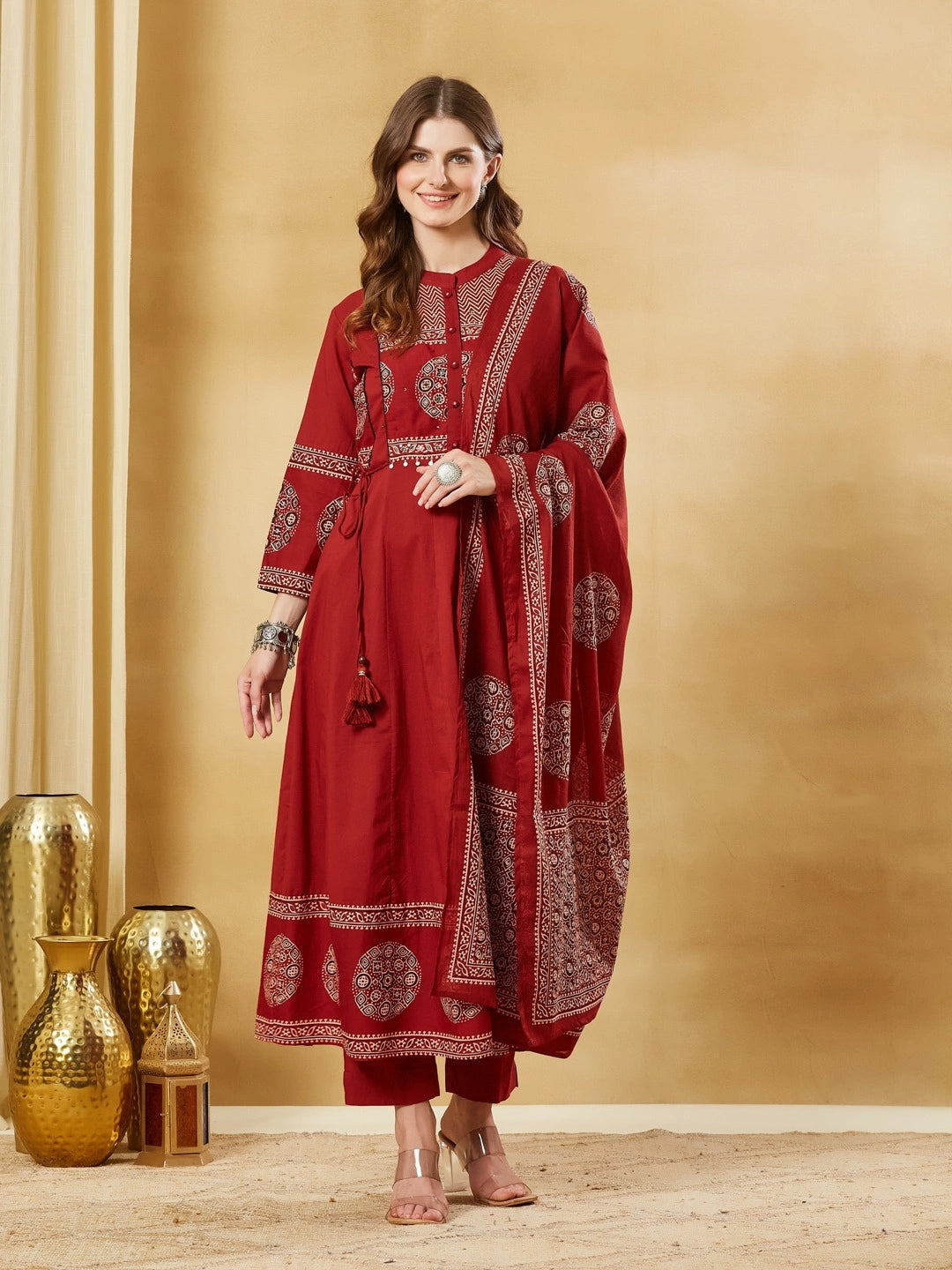 Red Floral Print Anarkali Kurta Sets With Dupatta