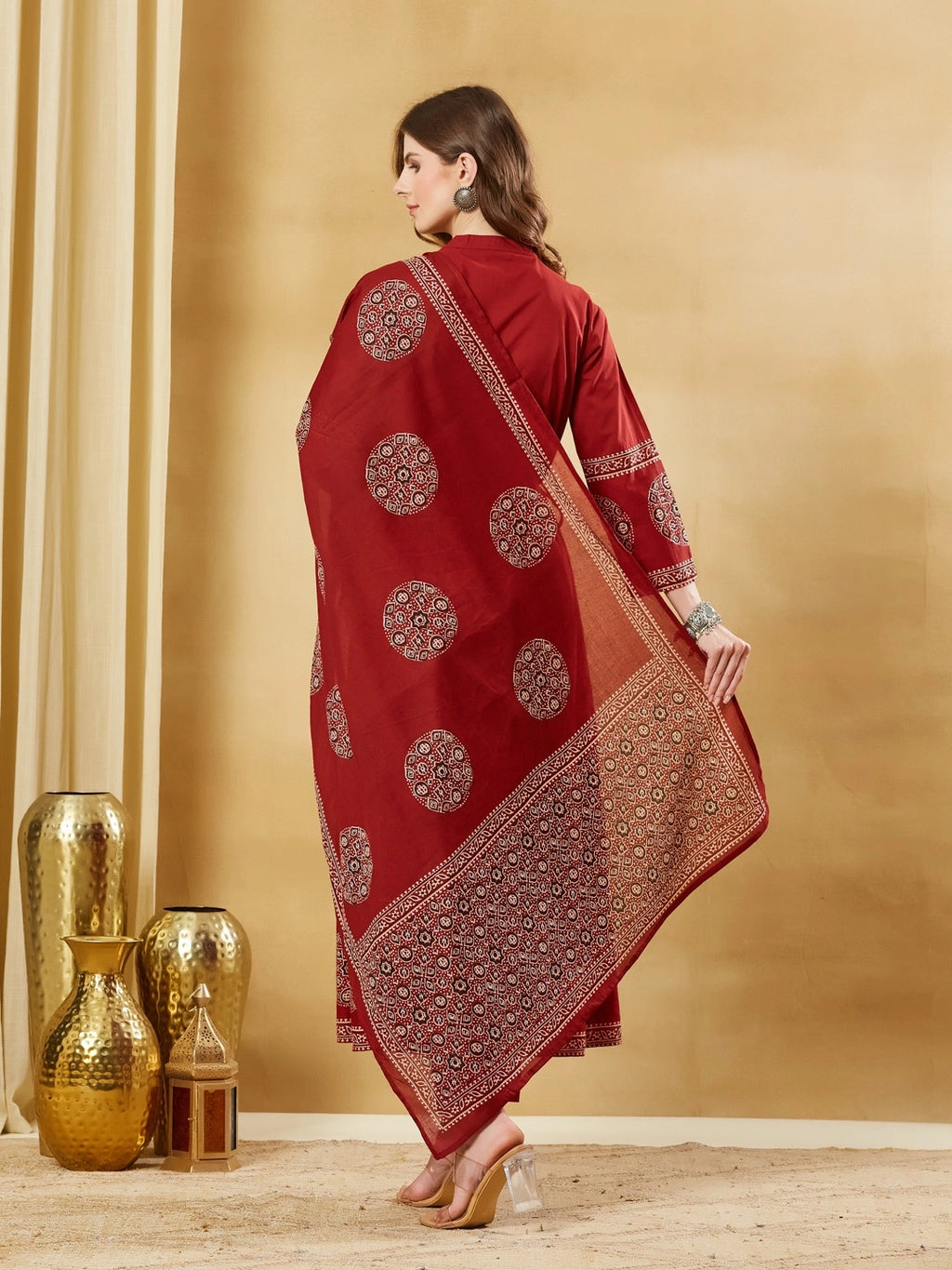 Red Floral Print Anarkali Kurta Sets With Dupatta