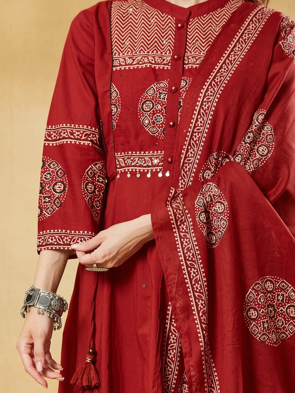 Red Floral Print Anarkali Kurta Sets With Dupatta