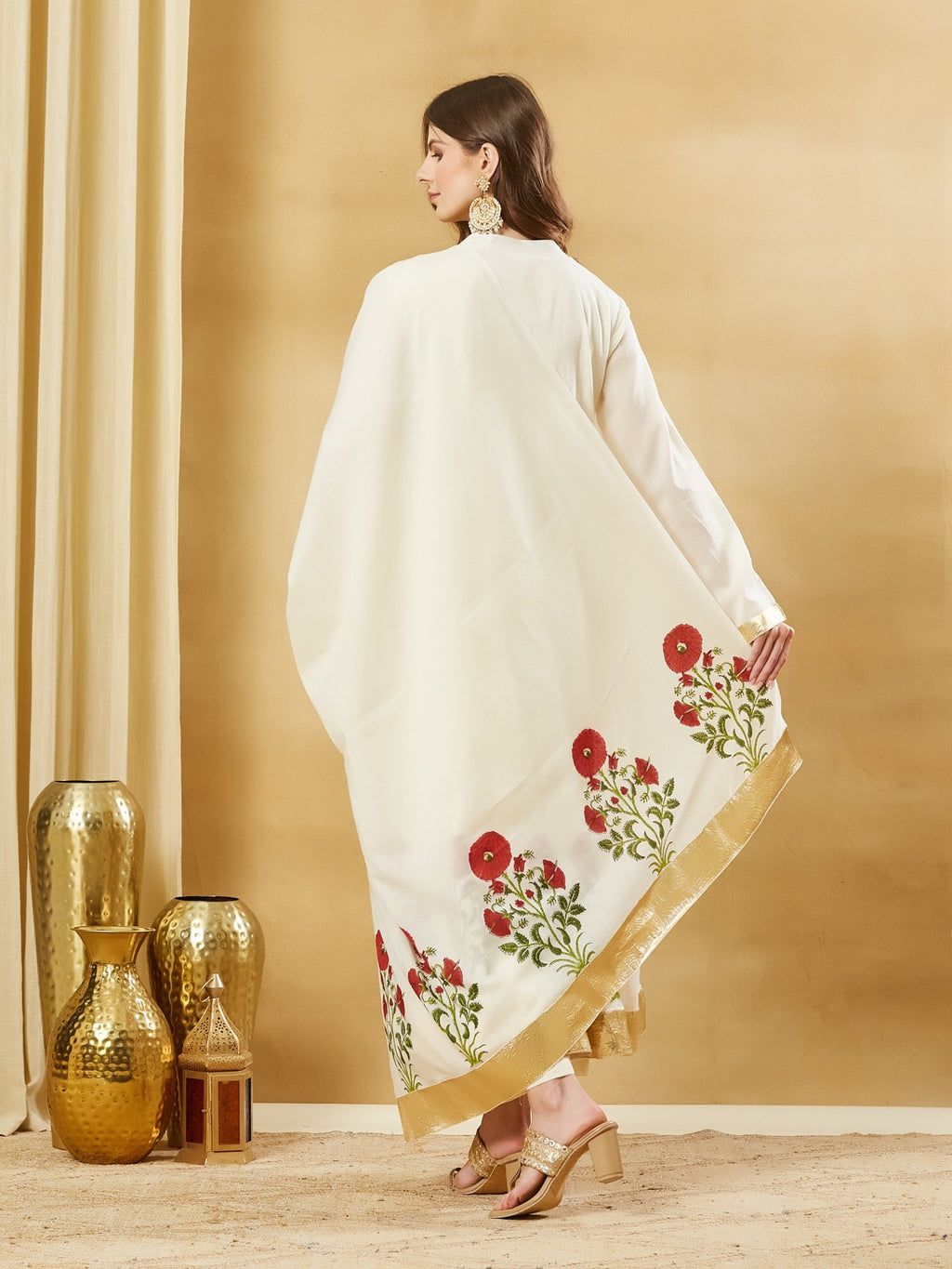 White Hand Block Print Anarkali Kurta Sets with Dupatta