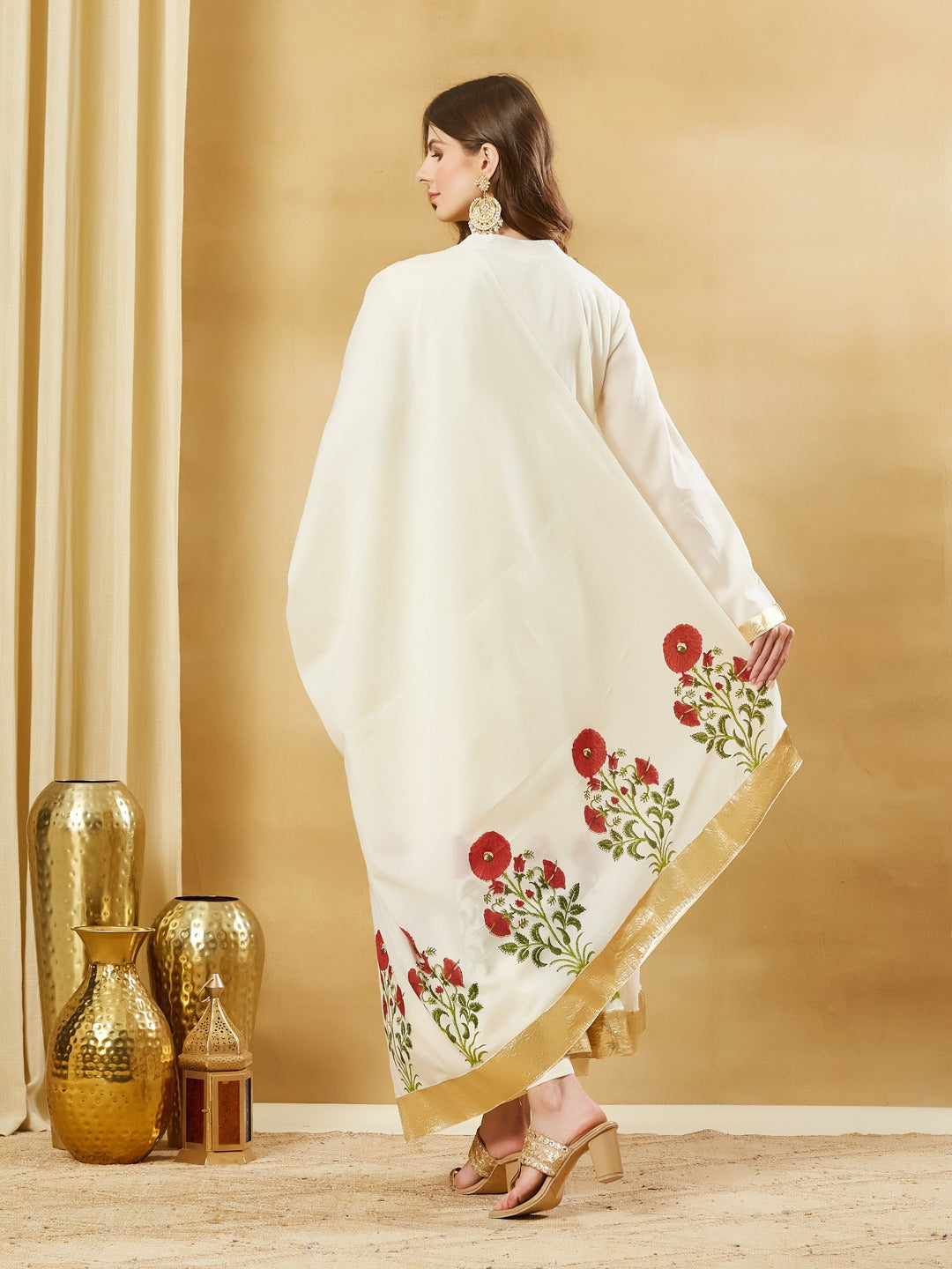 White Hand Block Print Anarkali Kurta Sets with Dupatta