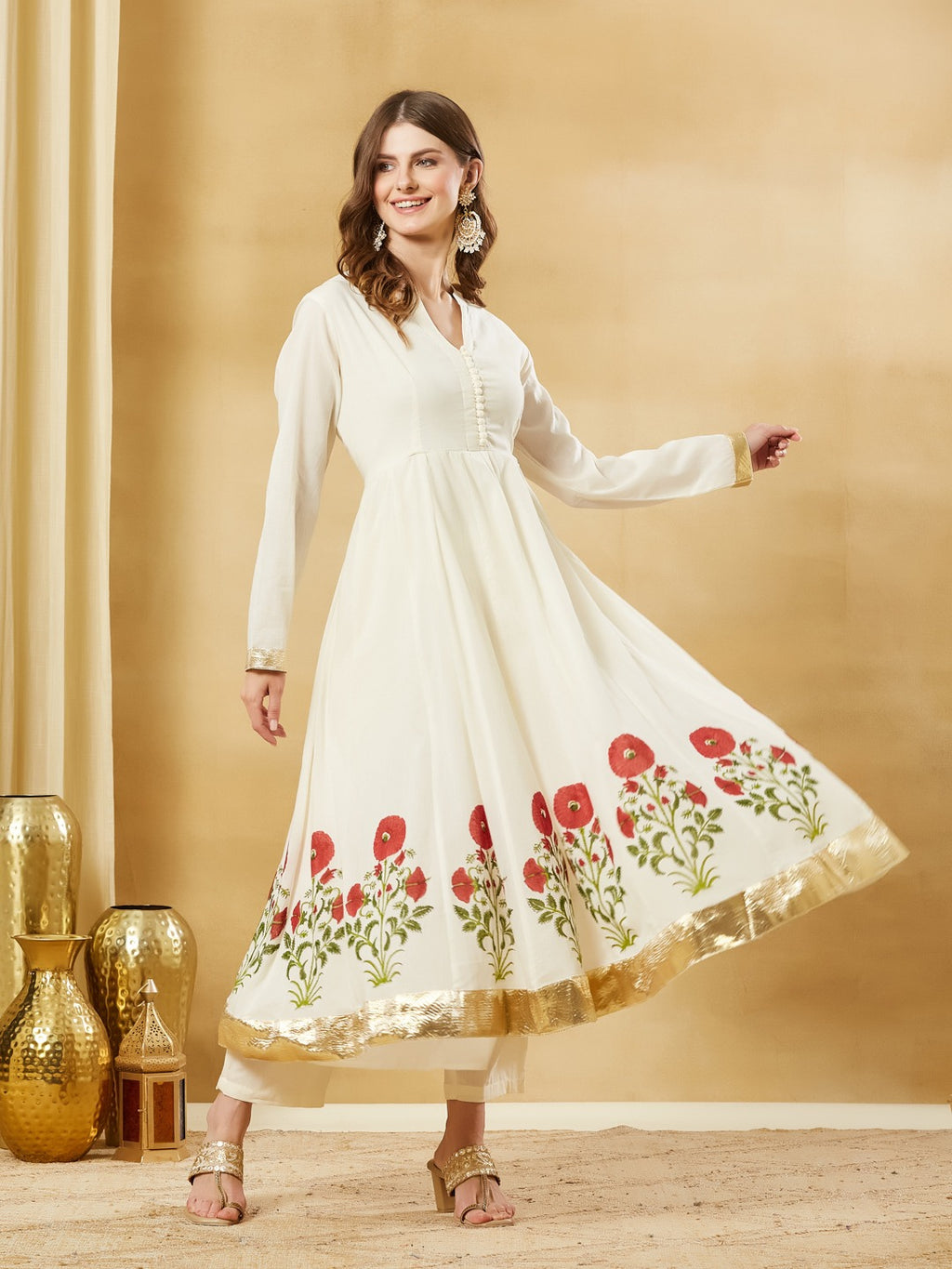 White Hand Block Print Anarkali Kurta Sets with Dupatta