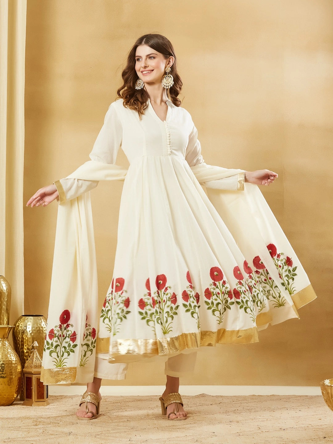 White Hand Block Print Anarkali Kurta Sets with Dupatta