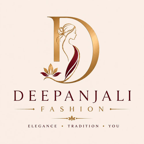 Deepanjali Fashion logo featuring a gold letter D with a woman silhouette and lotus motif.