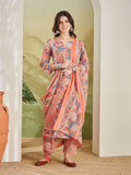 Woman in coral floral printed kurta set with matching dupatta, ethnic wear for women