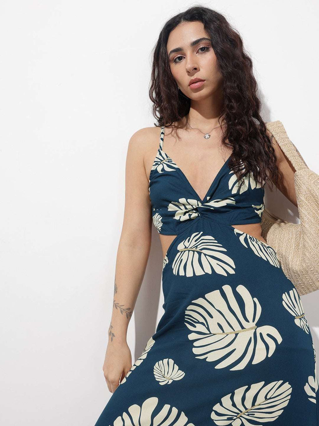 Blue printed shoulder strap rayon dress with flowy tiered hemline for women