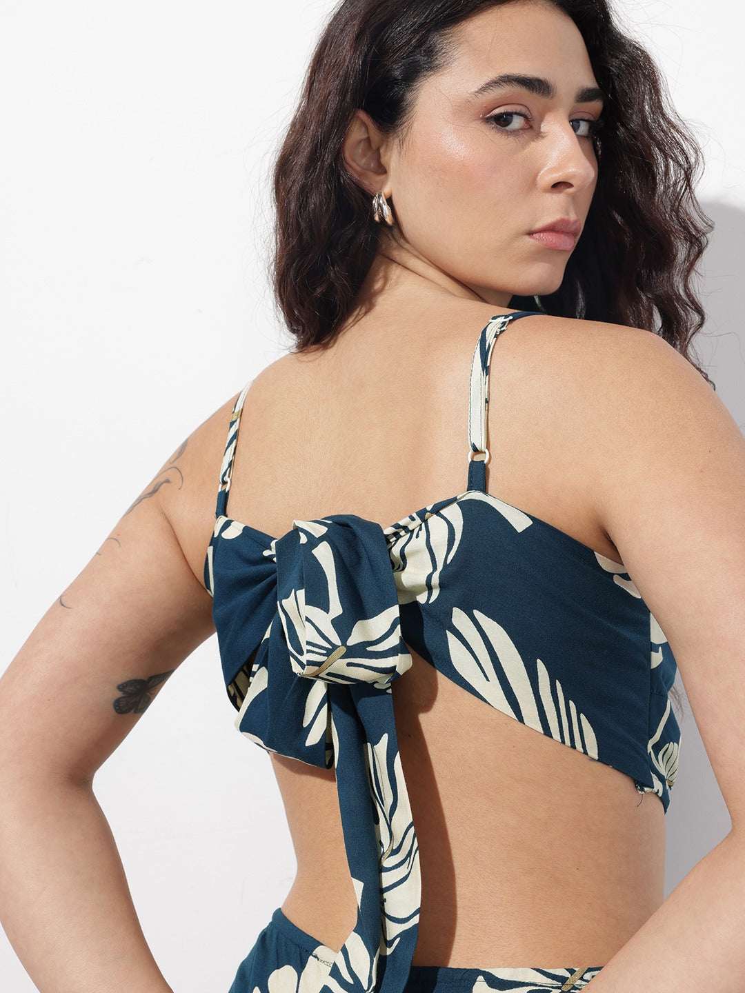 Blue printed shoulder strap rayon dress with flowy tiered hemline for women