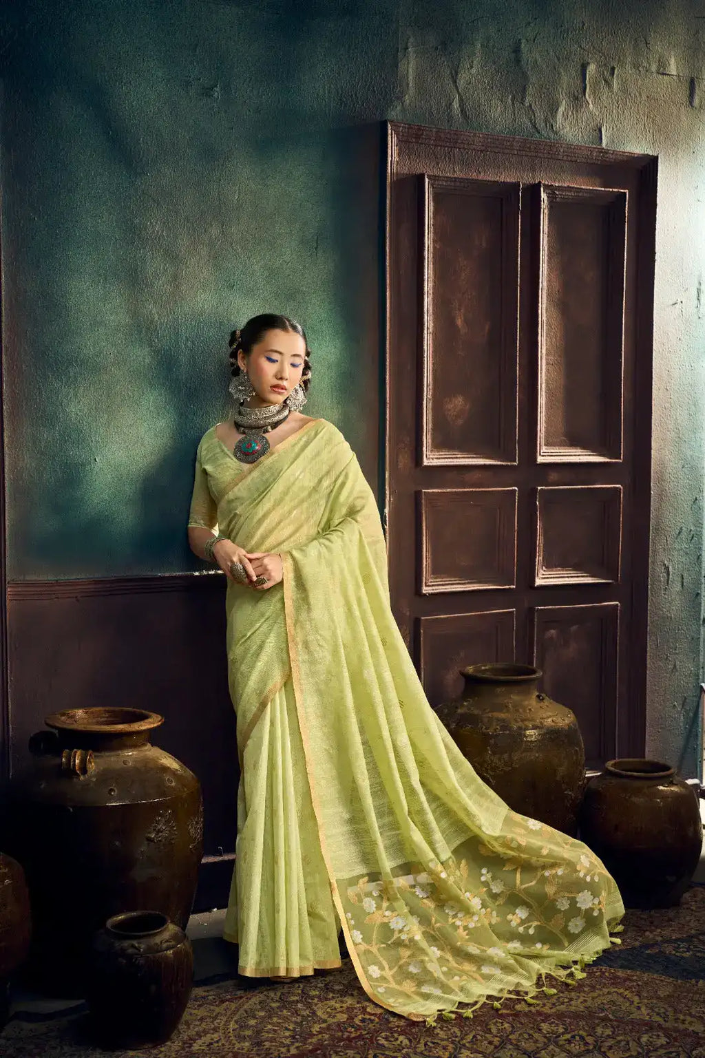Authentic handloom Munga cotton saree with lightweight drape and woven border
