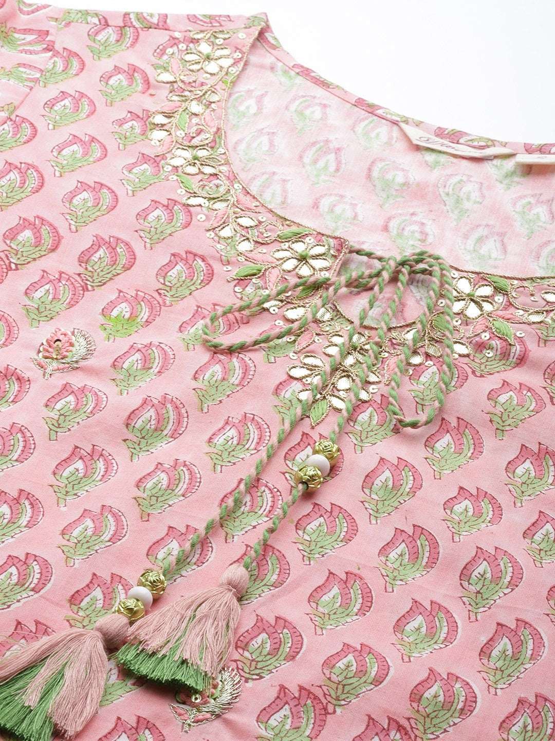 Jaipuri hand block print pink floral cotton kurta sharara set with dupatta
