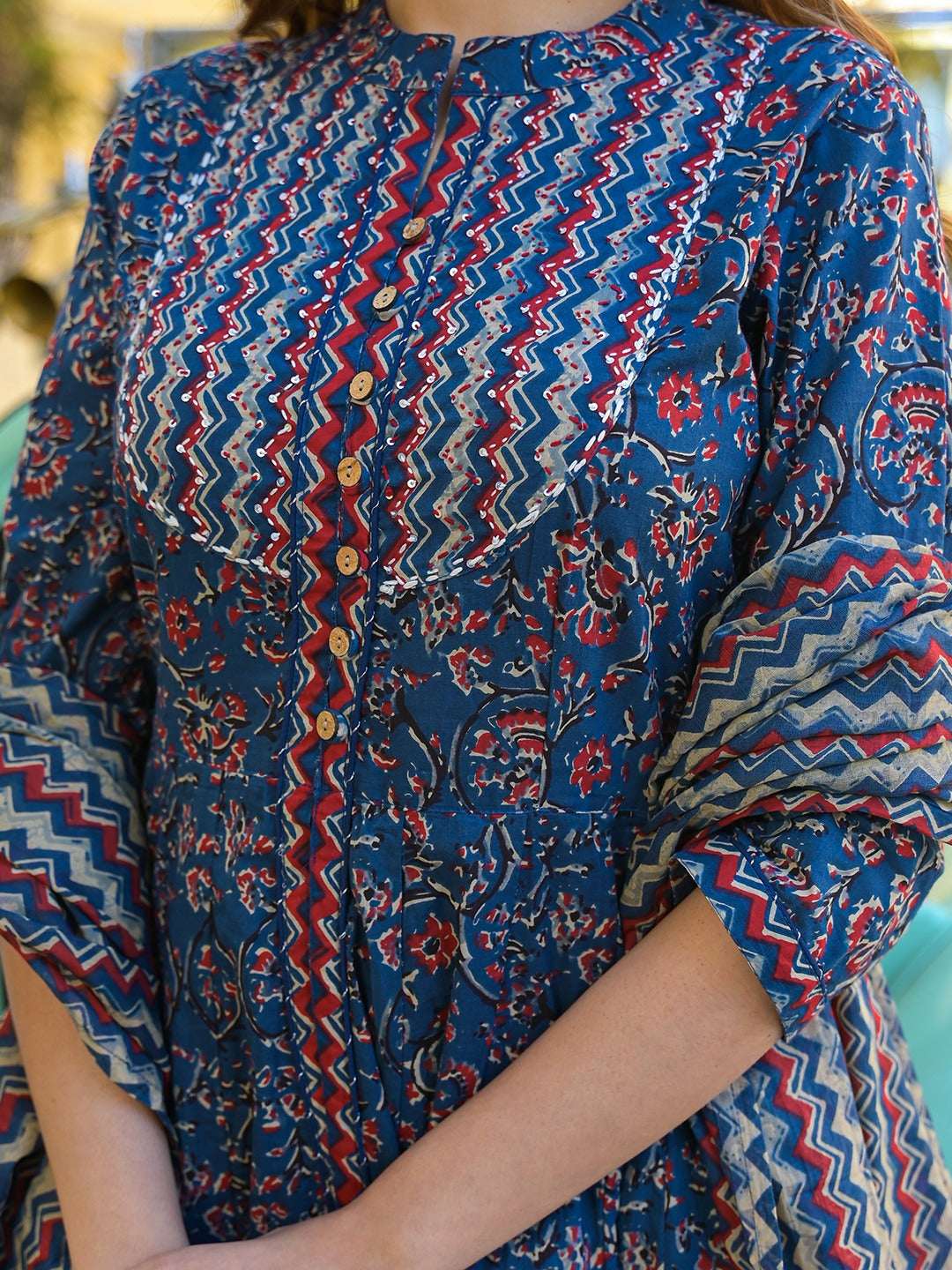 Multicolor floral print straight cotton kurta set with pant and dupatta