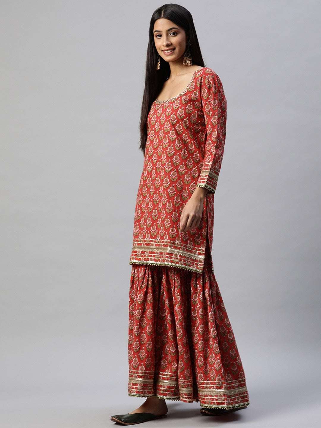 Traditional red Dabu hand block printed cotton kurta sharara set with Kota dupatta
