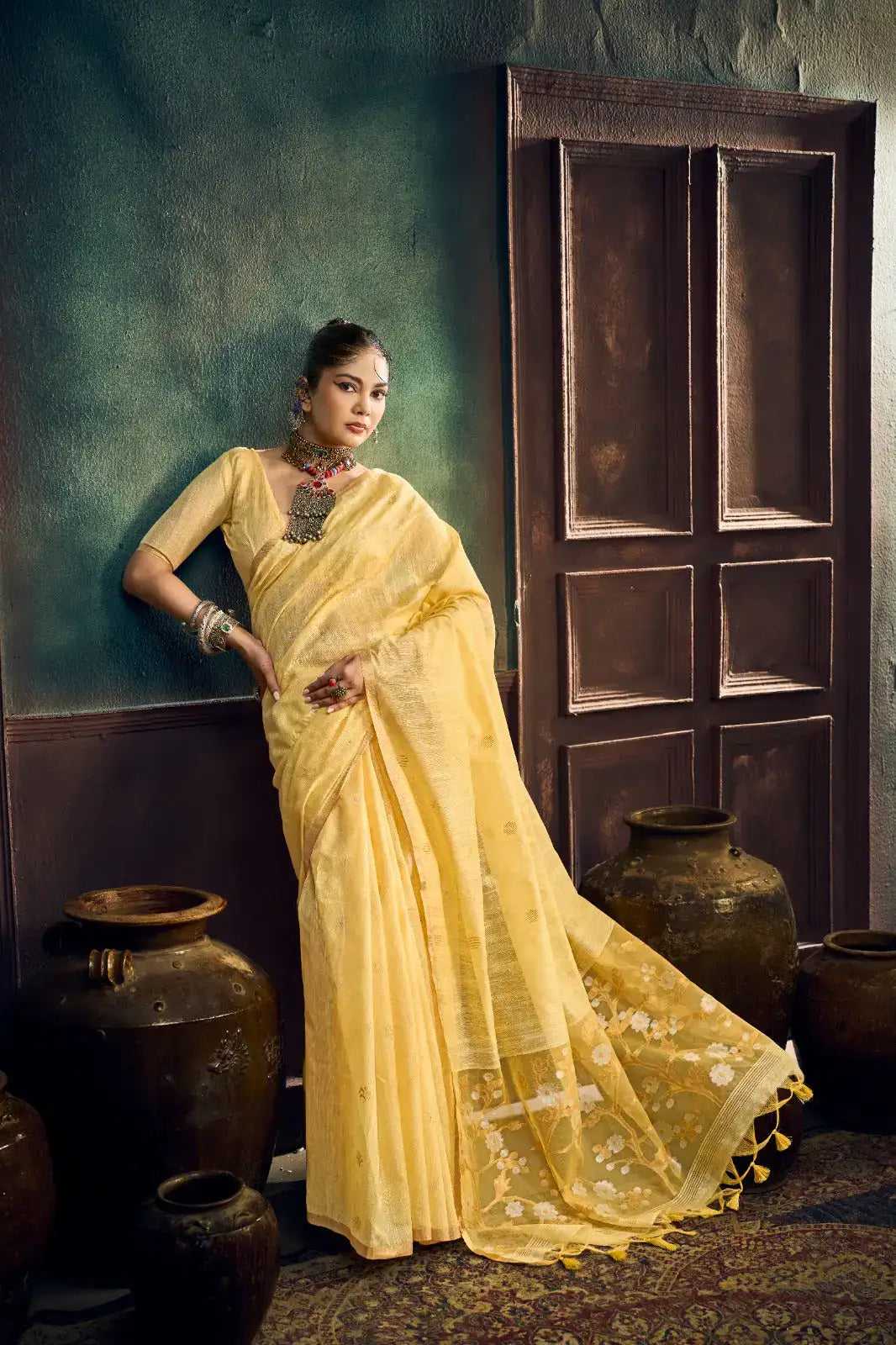Authentic handloom Munga cotton saree with lightweight drape and woven border