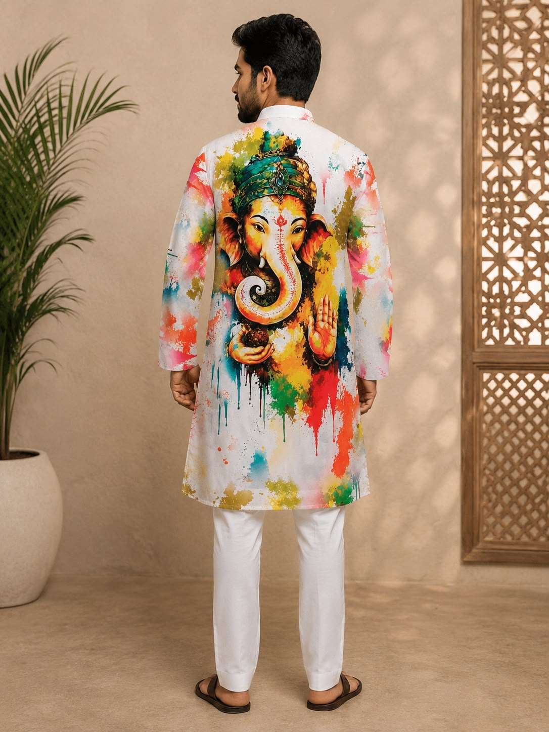 Man wearing a white Indian ethnic kurta featuring a colorful Lord Ganesha digital print.