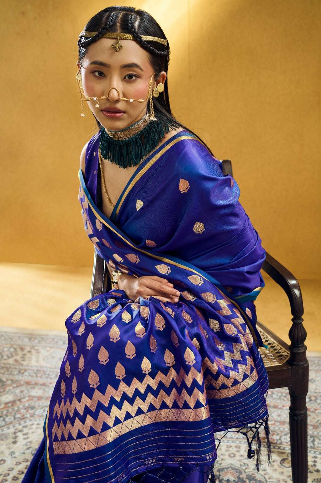 Premium Handloom Satin Silk Saree with Zari Motifs & Chevron Pallu