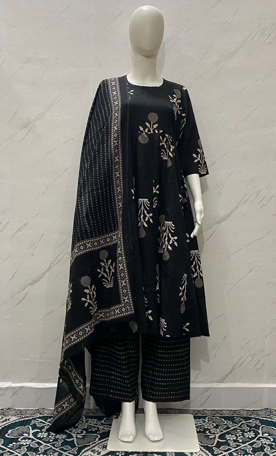 Black floral print Indian ethnic kurta set with matching palazzo and dupatta