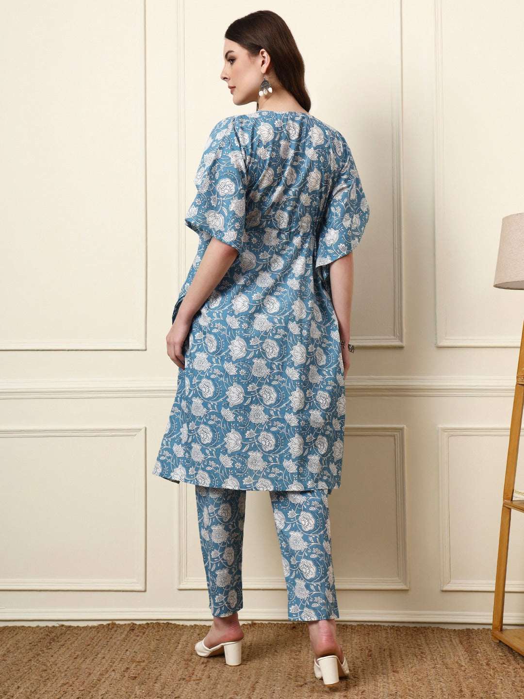 Blue printed pure cotton kaftan co-ord set with v-neck and drawstring waist