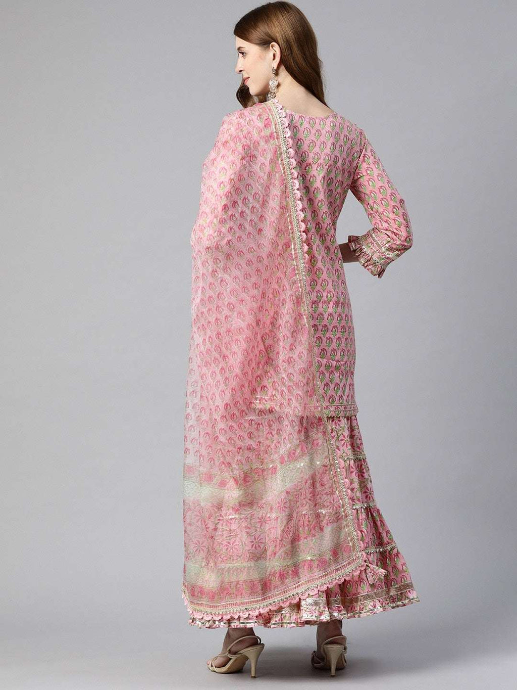 Jaipuri hand block print pink floral cotton kurta sharara set with dupatta