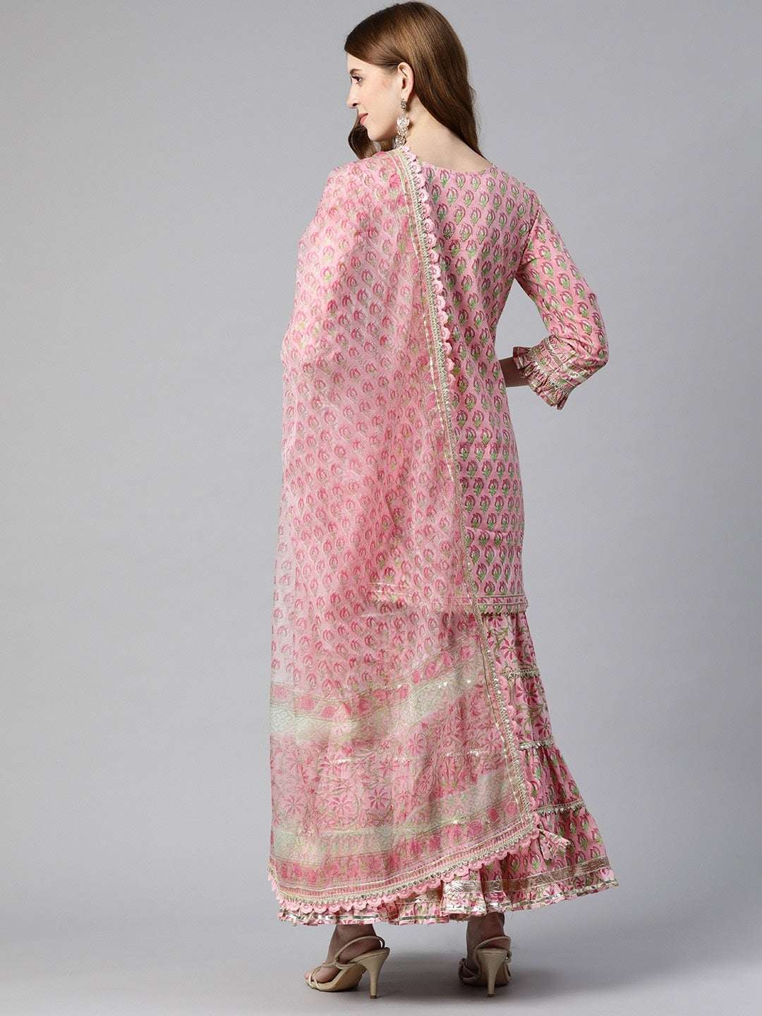 Jaipuri hand block print pink floral cotton kurta sharara set with dupatta