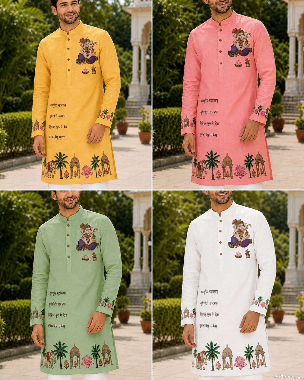 Men's ethnic kurta set featuring Lord Ganesha embroidery in yellow, pink, green, and white.