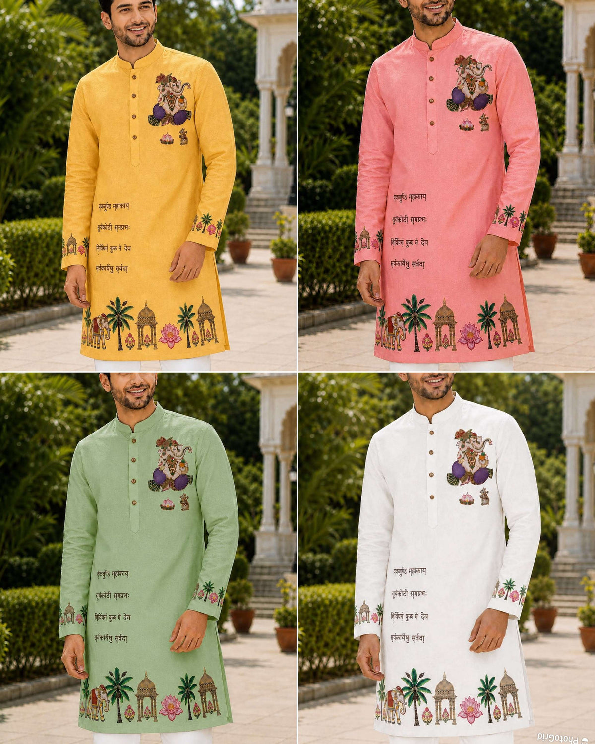 Men's ethnic kurta set featuring Lord Ganesha embroidery in yellow, pink, green, and white.