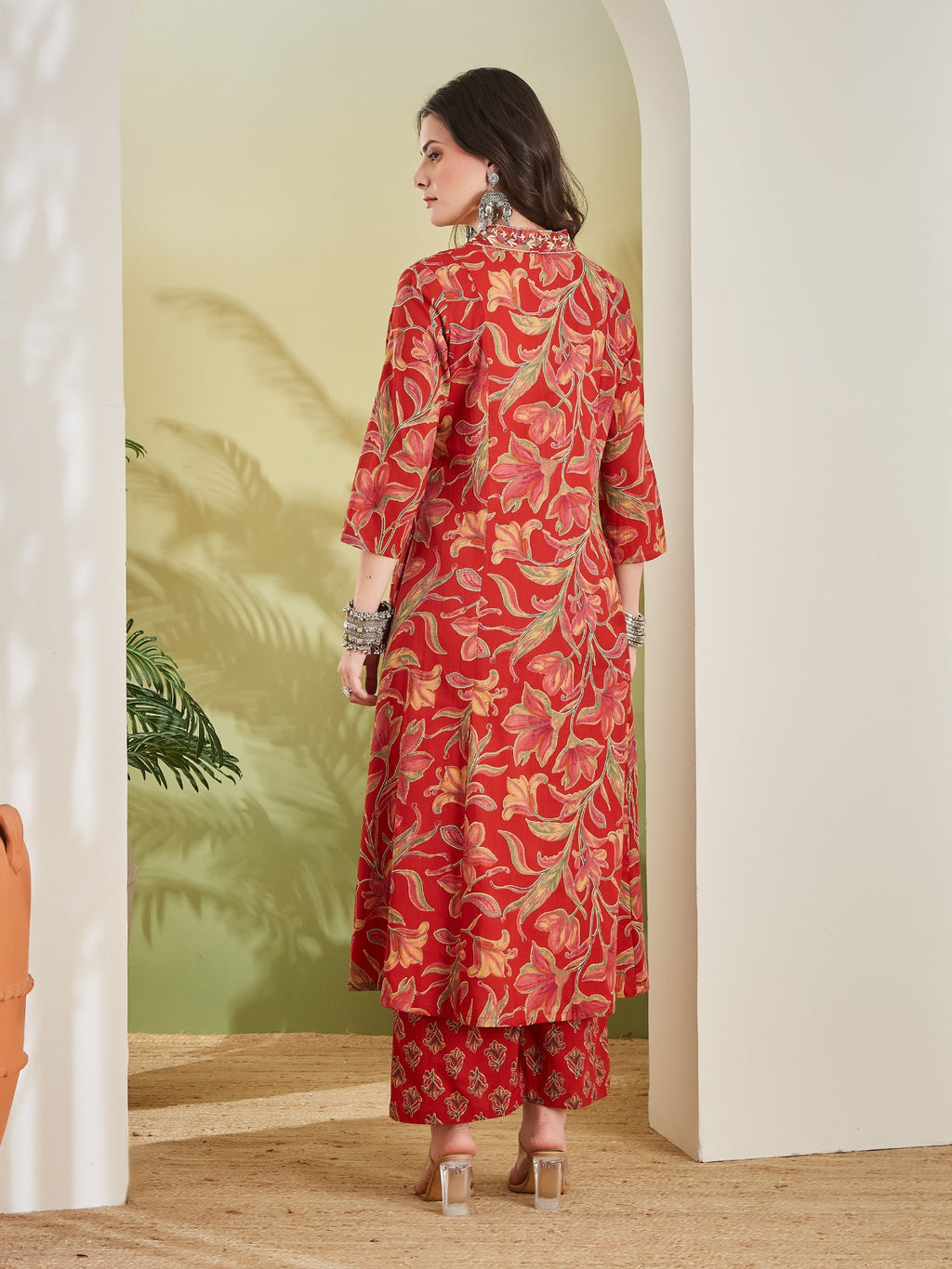 Women Floral Printed Pure Cotton A-line Red Anarkali Kurta With Pants