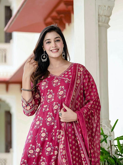 Pure Cotton Printed Angrakha Anarkali Suit Set with Sequence Adda Work