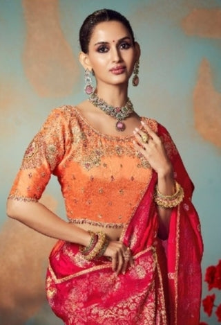 Chiniya Silk Saree with Designer Lace Border & Heavy Embroidered Silk Blouse