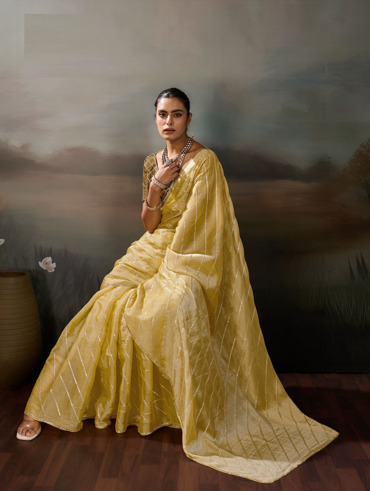 Grainy Moss Chiffon Saree with Cutdana Border & Heavy Embroidered Blouse
