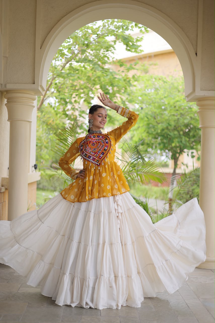Kutchi Gamthi Patchwork Bandhani Top with Tiered Kora Cotton Lehenga
