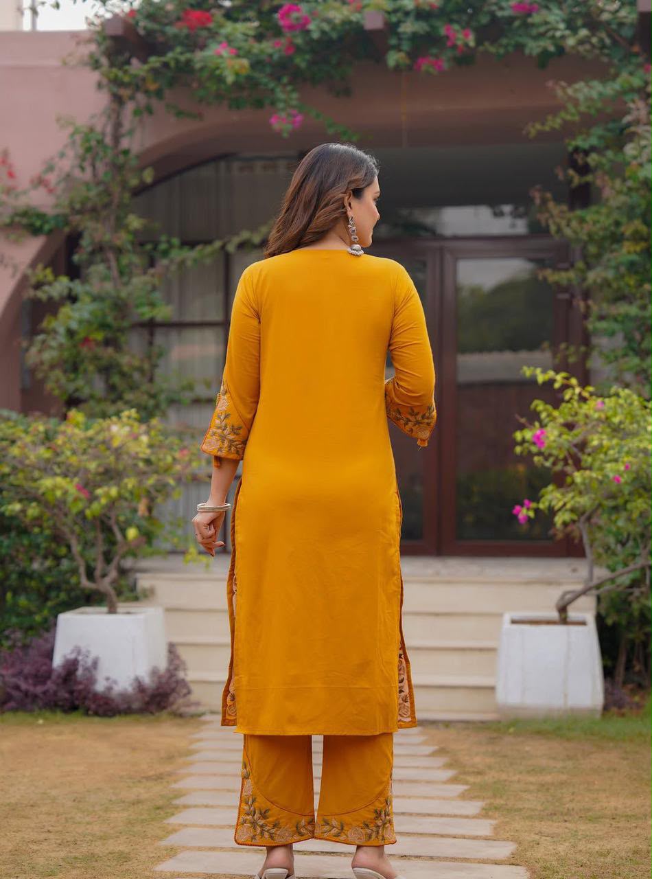 Heavy Embroidered Cotton Kurti Set with Embroidered Plazo, Pocket & Matching Dupatta