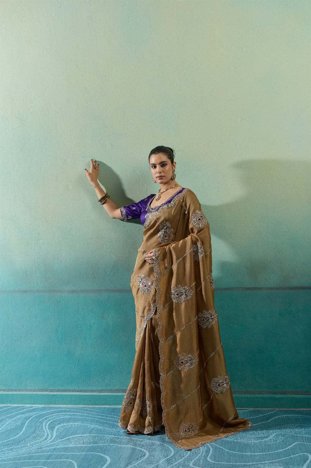 Premium Self-Stripe Giraffe Saree with Handcrafted Butta & Contrast Satin Blouse