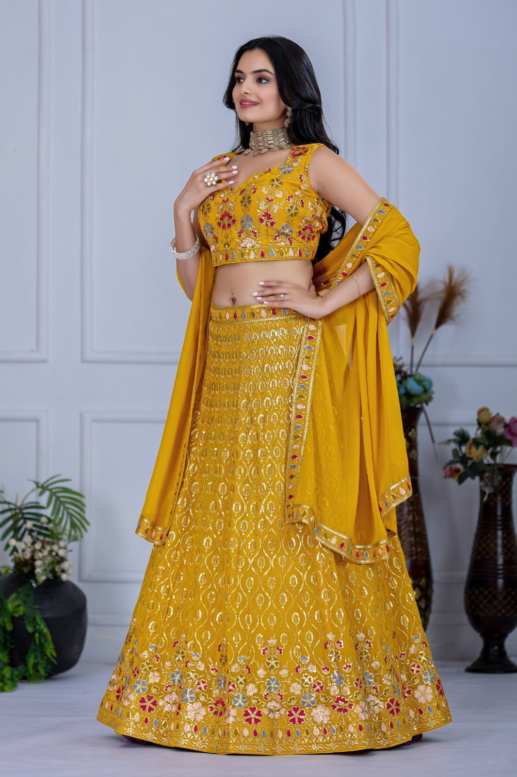 Radiant Haldi Elegance: Vibrant Yellow Fox Georgette Multi-Thread & Sequins Embroidered Lehenga Choli