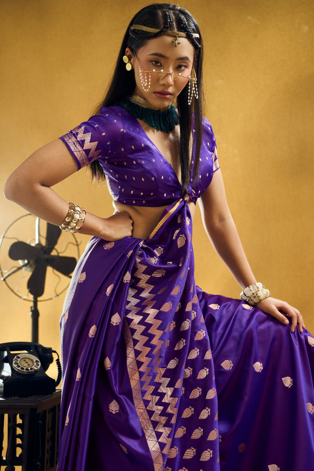 Premium Handloom Satin Silk Saree with Zari Motifs & Chevron Pallu