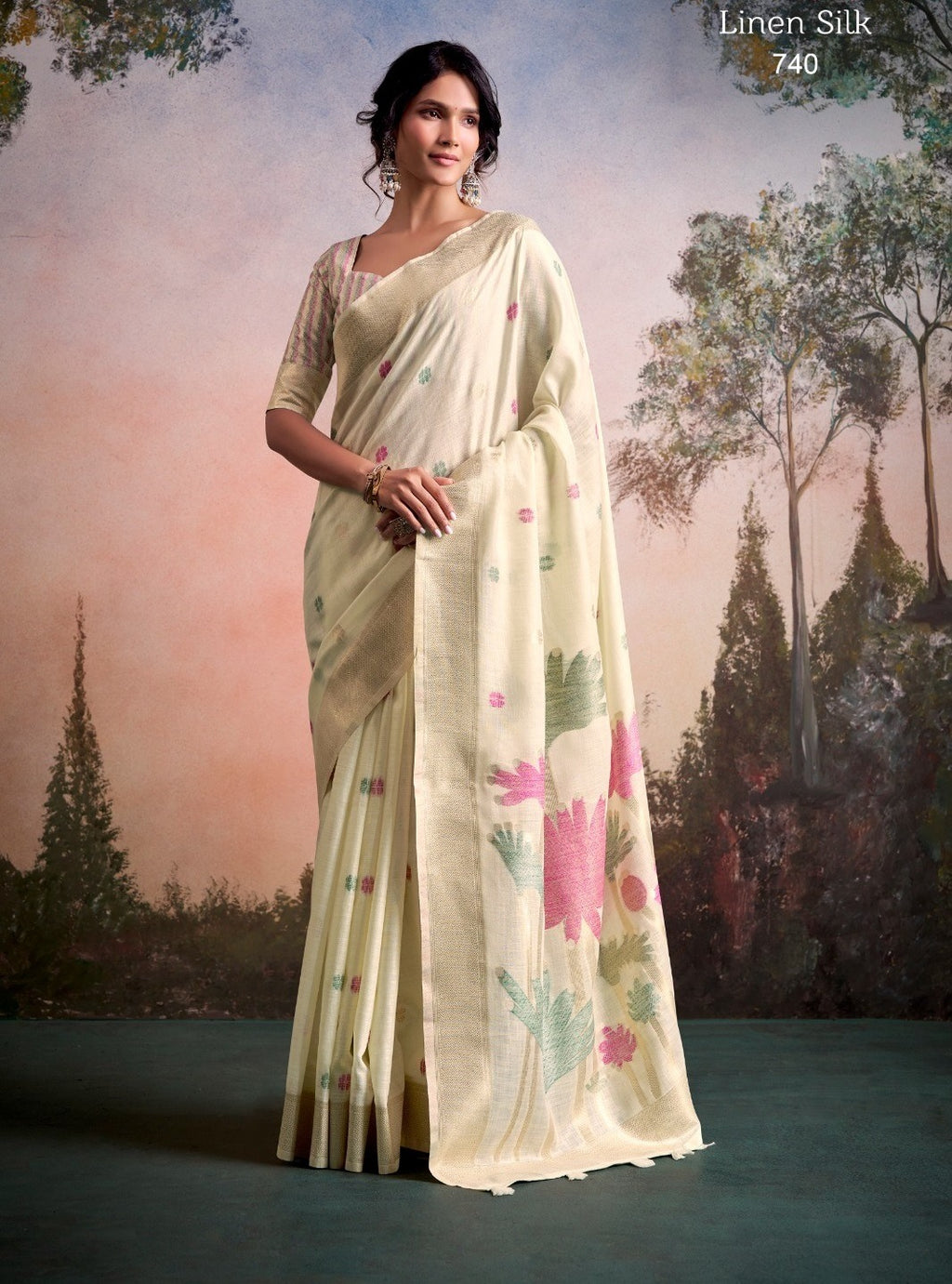 Ethereal Linen Silk Saree with Floral Motif Pallu & Printed Blouse Piece