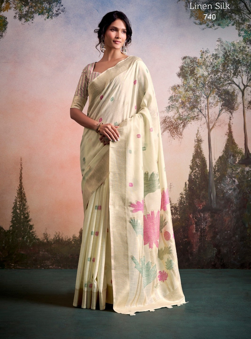 Ethereal Linen Silk Saree with Floral Motif Pallu & Printed Blouse Piece
