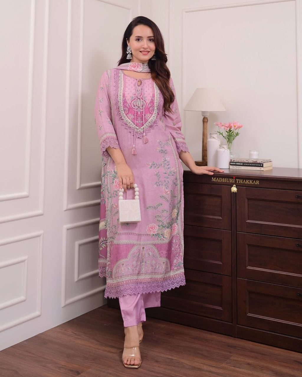 Lilac Pure Muslin Printed Suit Set with Hand Embroidery & Pearl Mala