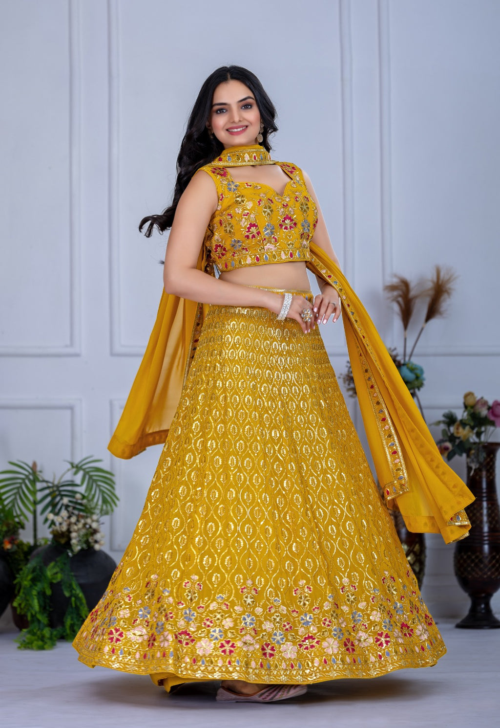 Radiant Haldi Elegance: Vibrant Yellow Fox Georgette Multi-Thread & Sequins Embroidered Lehenga Choli