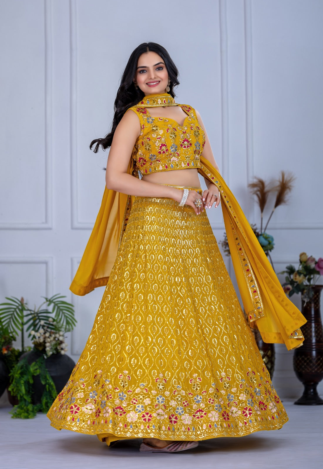 Radiant Haldi Elegance: Vibrant Yellow Fox Georgette Multi-Thread & Sequins Embroidered Lehenga Choli