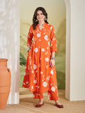 Divena Women Printed Pure Cotton Orange Anarkali Kurta With Pants