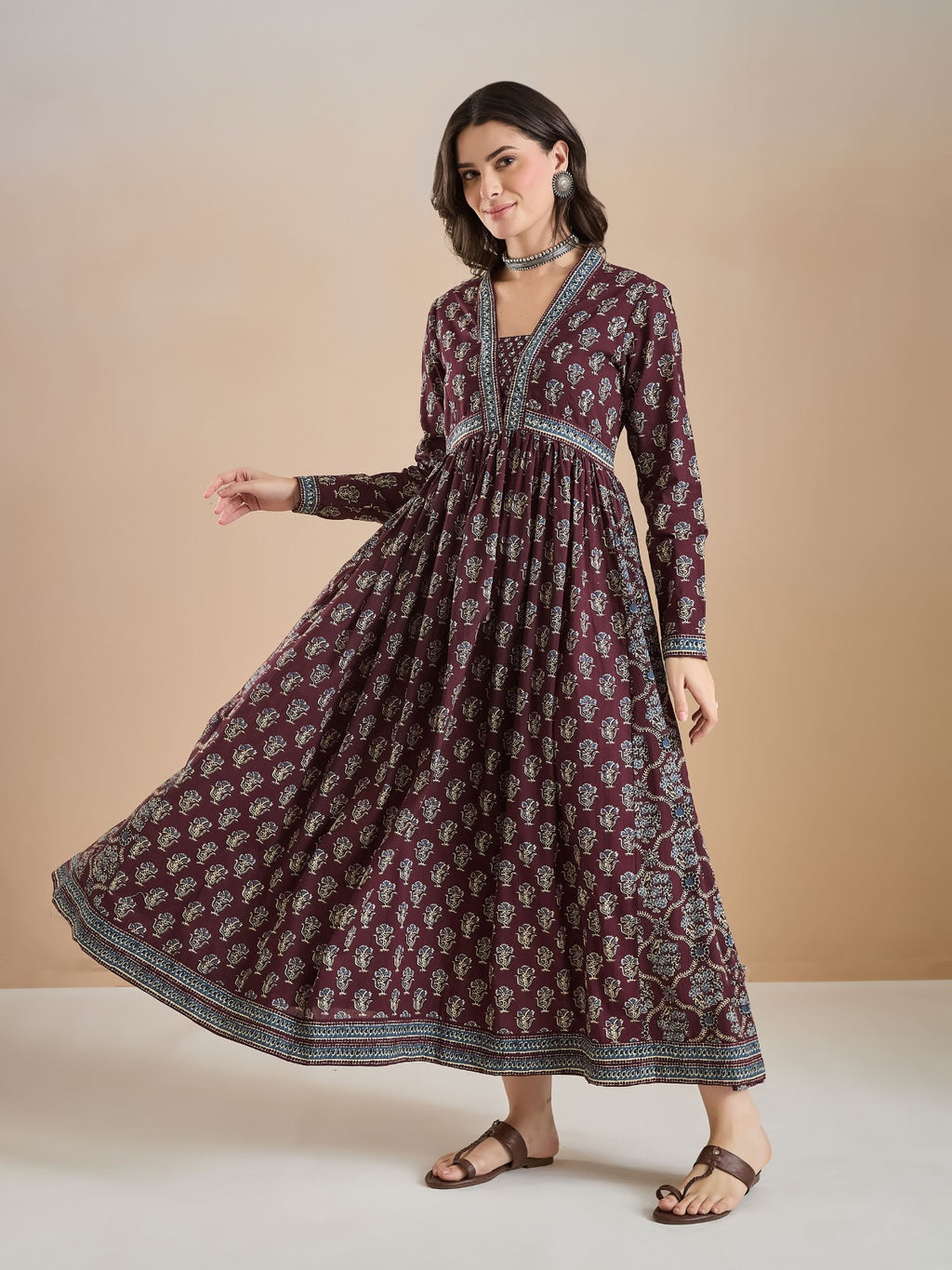 Wine Color Block Print Kurta
