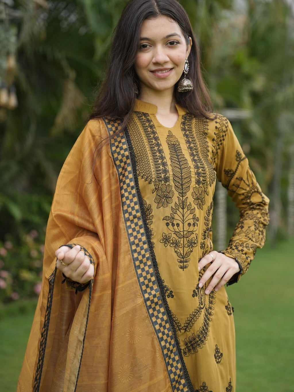 Elegance Redefined: Mustard Ochre Embroidered Muslin 3-Piece Set