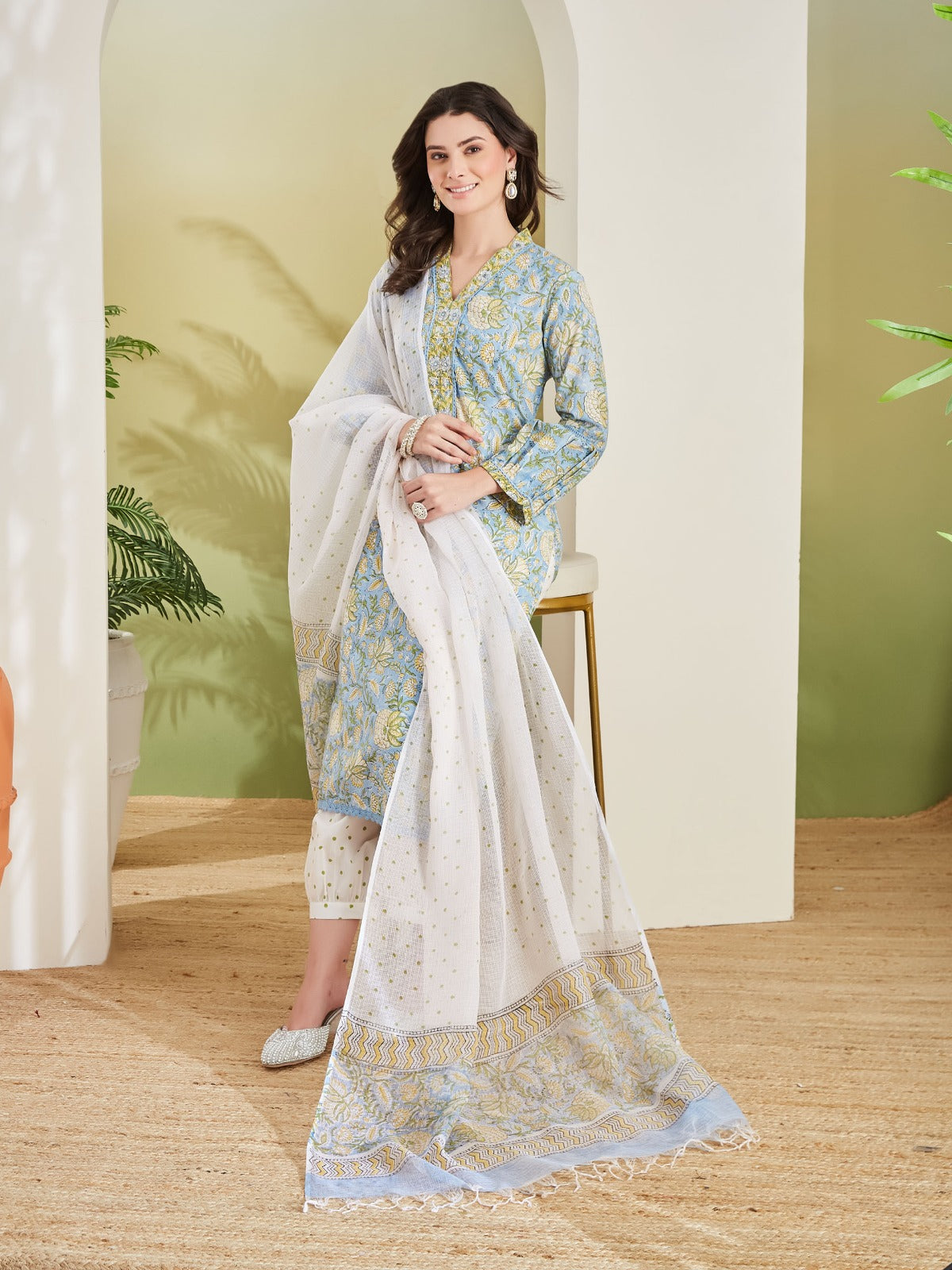 Sky Blue Handblock Printed Pure Cotton Kurta Set with Patiala Salwar & Kota Doria Dupatta