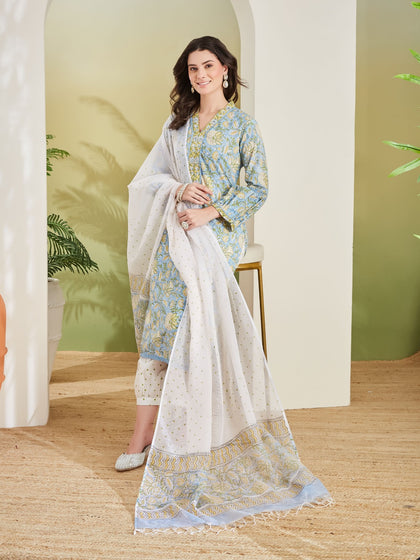 Sky Blue Handblock Printed Pure Cotton Kurta Set with Patiala Salwar & Kota Doria Dupatta