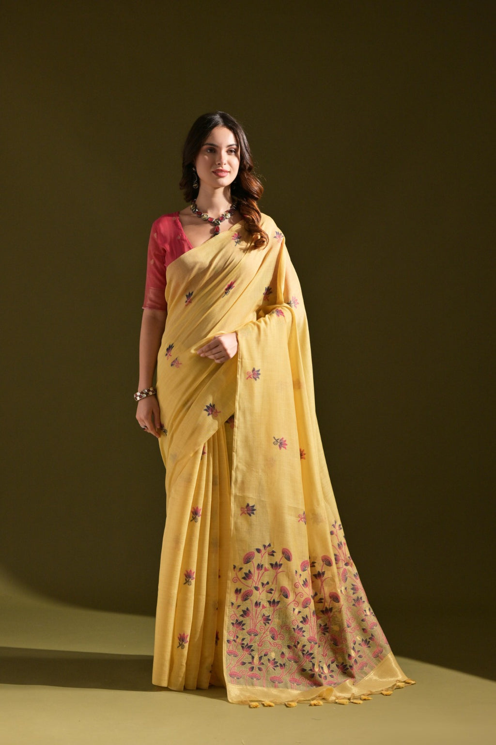 Designer Muga Cotton Saree – Intricate Resham Weave & Pichwai Inspired Motif
